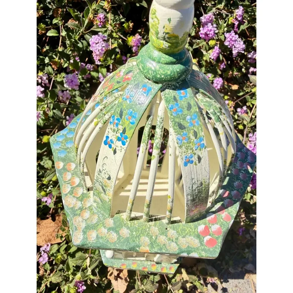 Hand Painted Wood Floral Birdcage Hanging Decor Folk Art Cottagecore Grandmacore